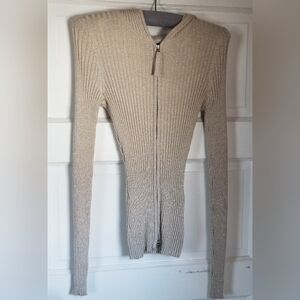 Express Metallic Ribbed Zip Hoodie Cardigan in Champagne